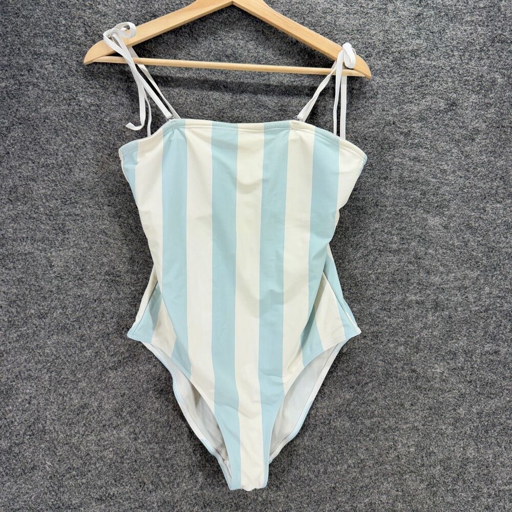 Vero Moda Swimsuit Women L Large Blue Striped Sleeveless Square Neck Swimwear